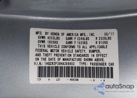 2017 Honda Accord Lx from USA, damaged, VIN 1HGCR2F38HA288650